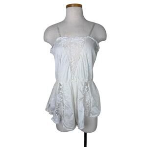 Vintage 80s White Lace Satin Romper Teddy Bridal Lingerie Sleepwear Small